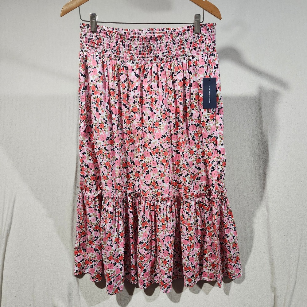 Tommy Hilfiger WomenXL Pink Floral Smocked Tiered Cotton Midi Skirt Cottage Fall